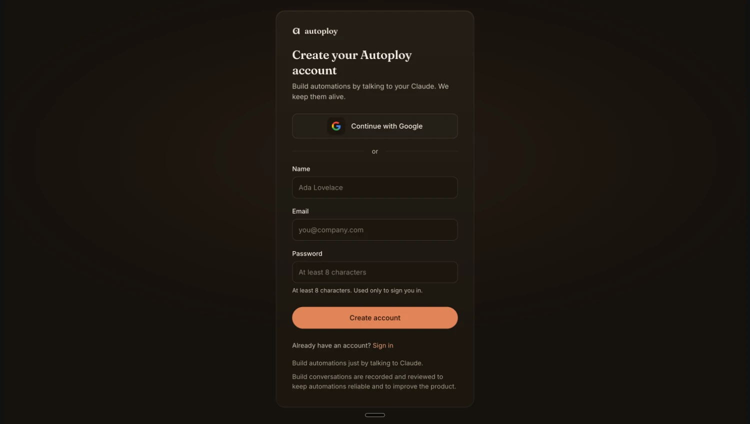 The Autoploy sign-up screen, where you start your free trial.